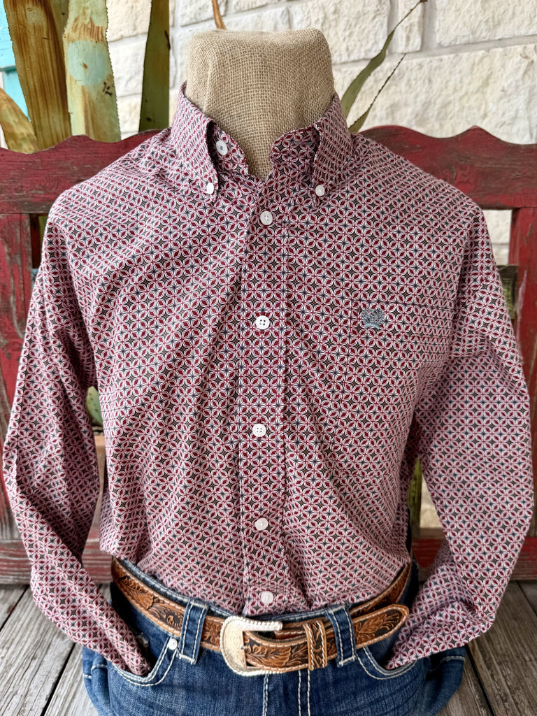 Men's Cinch wine and gray long sleeve print button-up shirt — Blair's Western Wear Marble Falls TX