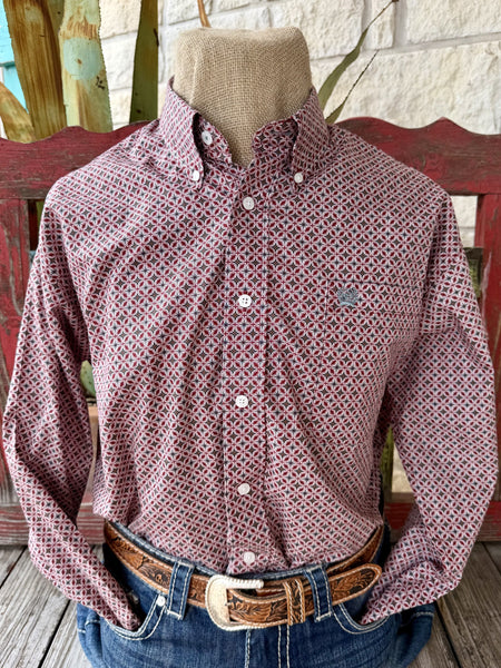 Men's Cinch wine and gray long sleeve print button-up shirt — Blair's Western Wear Marble Falls TX