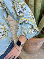 Women's Light Blue Floral Button-Up Blouse