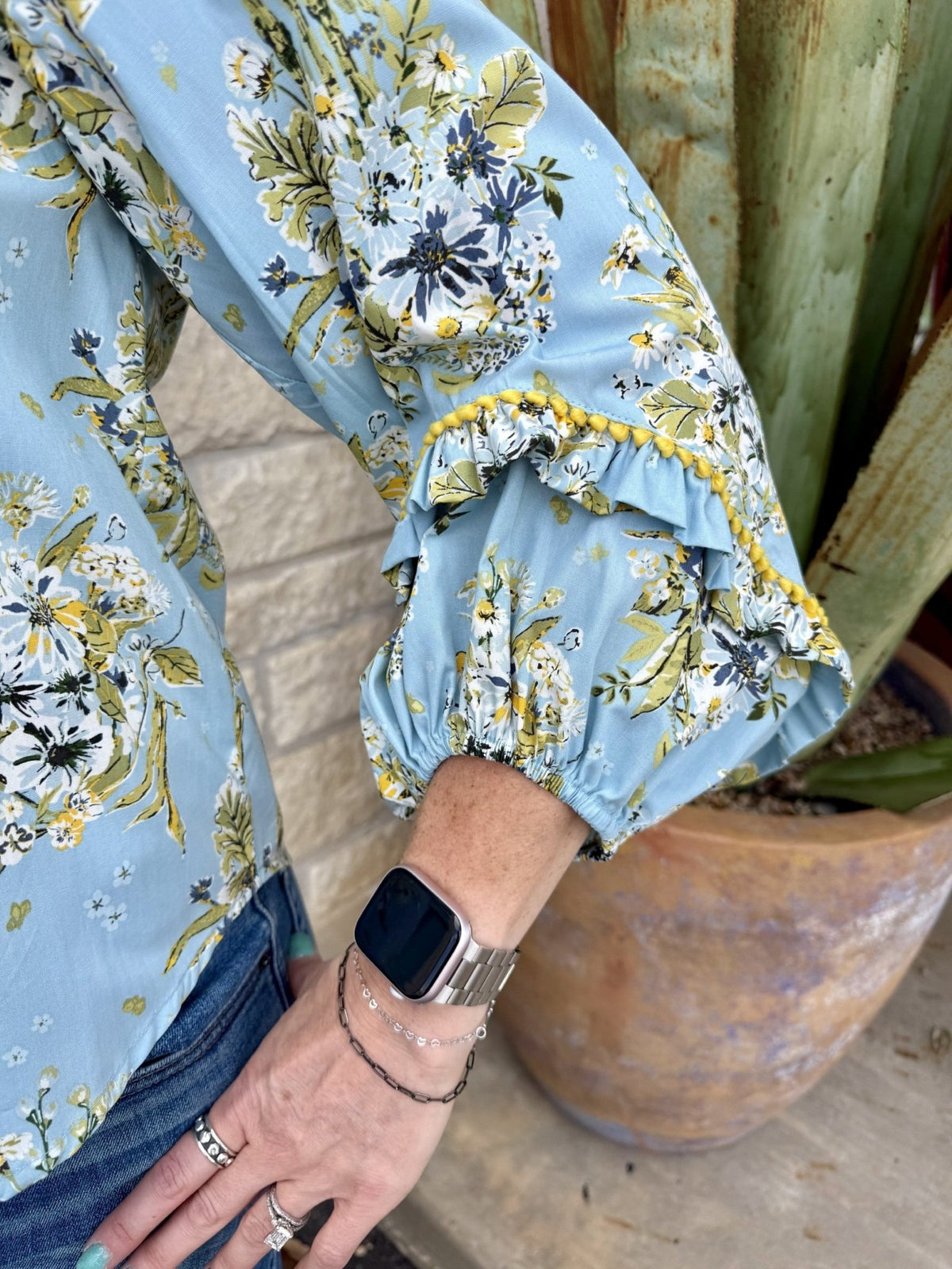 Women's Light Blue Floral Button-Up Blouse