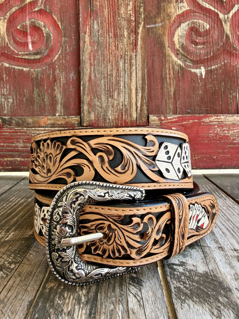 Multicolor tooled poker western belt with 1 3/4-inch width and structured design — Blair's Western Wear Marble Falls TX
