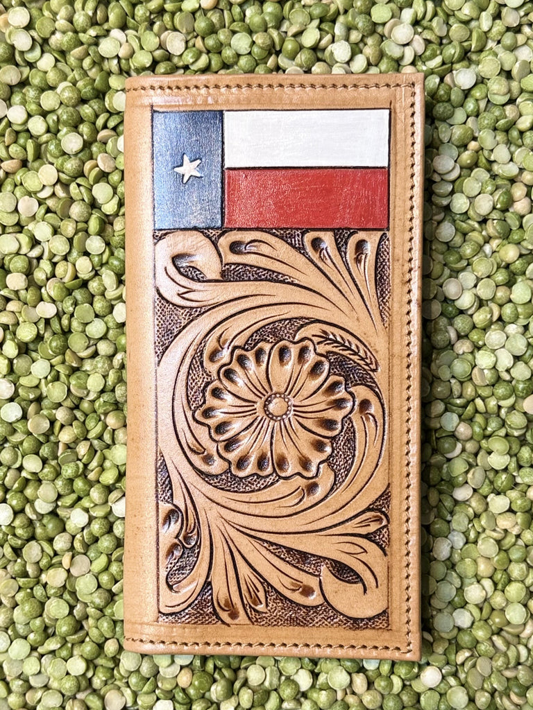 Men's Texas Flag Floral Tooled Leather Checkbook Wallet