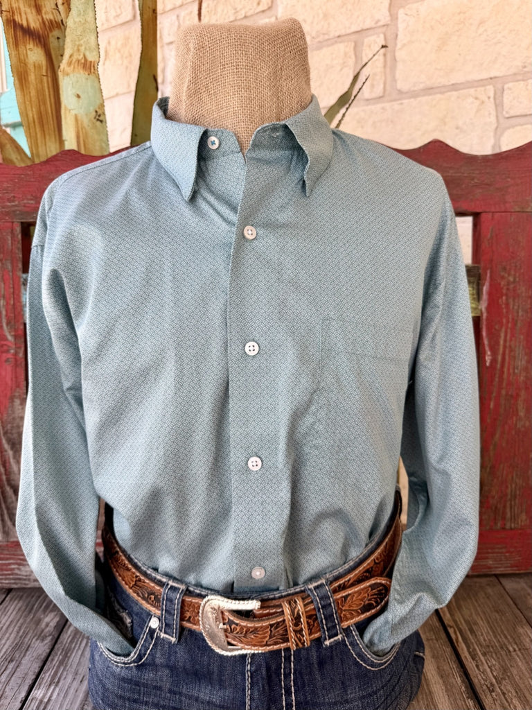 Men's sage geometric print long sleeve button-up shirt with point collar and single chest pocket, front view — Blair's Western Wear Marble Falls TX