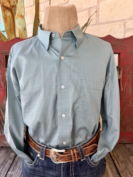 Men's sage geometric print long sleeve button-up shirt with point collar and single chest pocket, front view — Blair's Western Wear Marble Falls TX