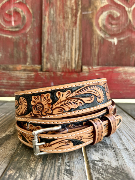 NAT/BLK ranger-style tooled Western belt with 1 1/2-inch width — Blair's Western Wear Marble Falls TX