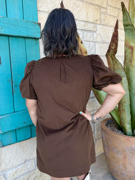 Women's Brown Corduroy Embroidered Puff Sleeve Dress