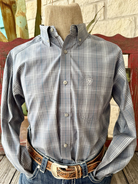 Men's Ariat gray long sleeve plaid button-up shirt — Blair's Western Wear Marble Falls TX