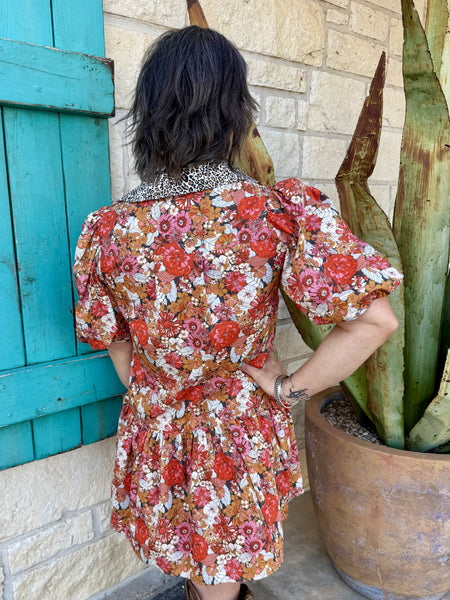 Women's Retro Floral Puff Sleeve Tiered Mini Dress with Leopard Trim