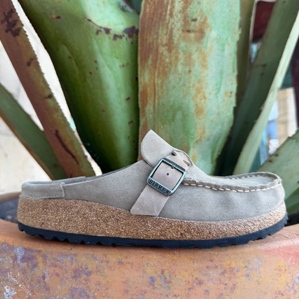 Women's taupe suede slip-on sandal with braided strap detail and cork-latex footbed, side profile view — Blair's Western Wear Marble Falls TX