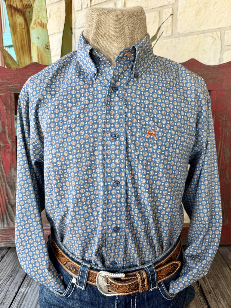 Men's dusty blue and tan long-sleeve Western shirt — Blair's Western Wear Marble Falls TX