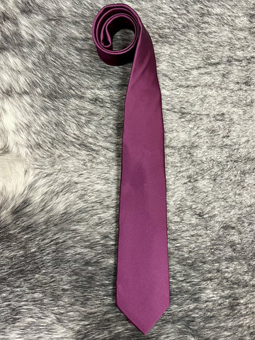 Men's solid plum satin necktie with smooth lustrous finish, standard width pointed tip, deep purple-plum color — Blair's Western Wear Marble Falls TX