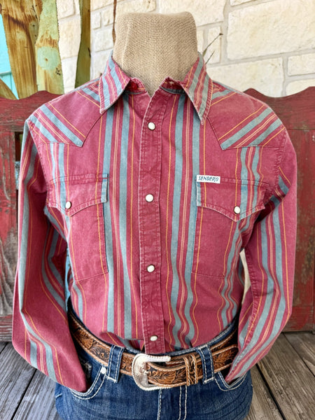 Men's brick and turquoise striped long sleeve pearl snap western shirt with dual chest pockets and western yoke, front view — Blair's Western Wear Marble Falls TX