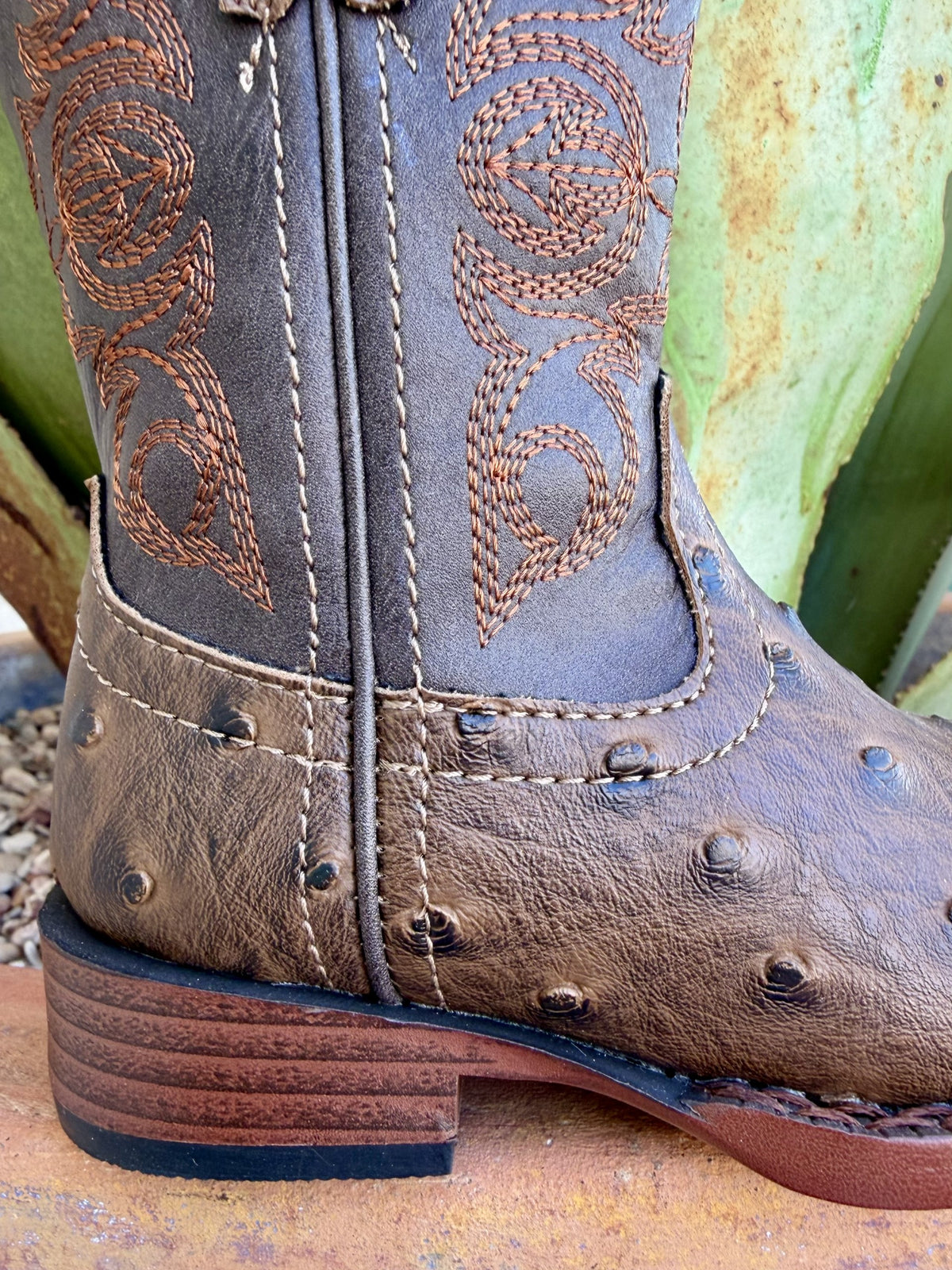 Kids' Chocolate Faux-Ostrich Square Toe Western Boots
