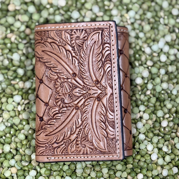 Men's Diamond Lattice Tooled Leather Trifold Wallet