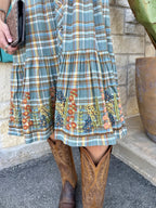 Embroidered Floral Hem Plaid Dress