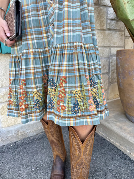 Embroidered Floral Hem Plaid Dress