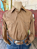 Men's brown and tan geometric print long-sleeve Western shirt with pointed collar, Western yoke seams, snap-front closure, and pointed chest-pocket flap with snaps — Blair's Western Wear Marble Falls TX