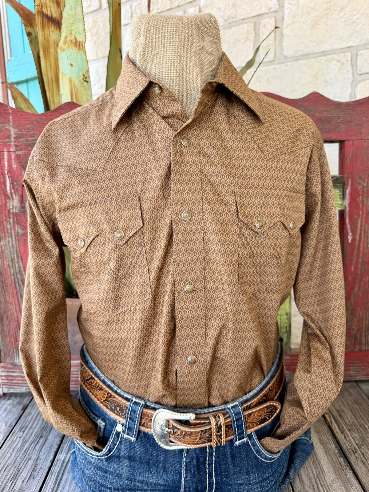 Men's brown and tan geometric print long-sleeve Western shirt with pointed collar, Western yoke seams, snap-front closure, and pointed chest-pocket flap with snaps — Blair's Western Wear Marble Falls TX