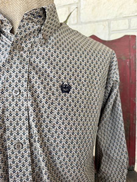 Men's Cinch Brown and Tan Button Down Long Sleeve Shirt