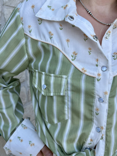 Women's Olive Stripe Retro Snap Shirt with Floral Yoke