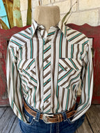 Men's white, brown and turquoise striped long-sleeve shirt with diagonal Western yokes, snap front and two double-snap flap pockets — Blair's Western Wear Marble Falls TX