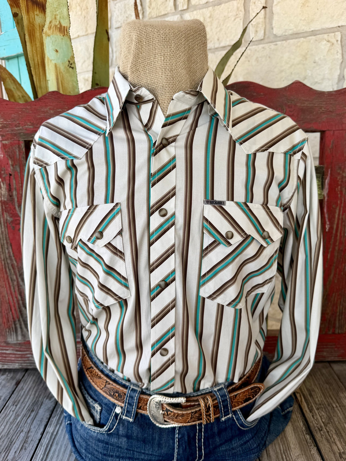 Men's white, brown and turquoise striped long-sleeve shirt with diagonal Western yokes, snap front and two double-snap flap pockets — Blair's Western Wear Marble Falls TX