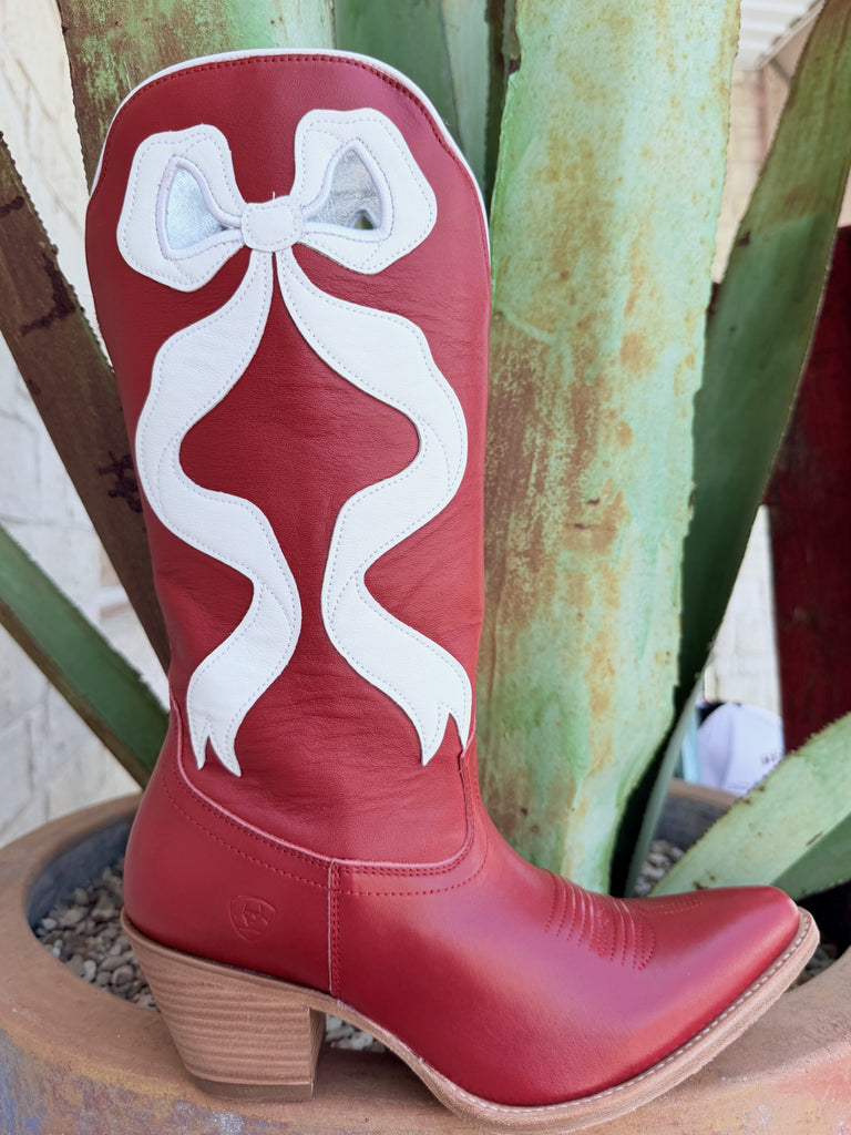 Women's red leather western boot with white ribbon bow inlay on tall shaft and stacked heel — Blair's Western Wear Marble Falls TX