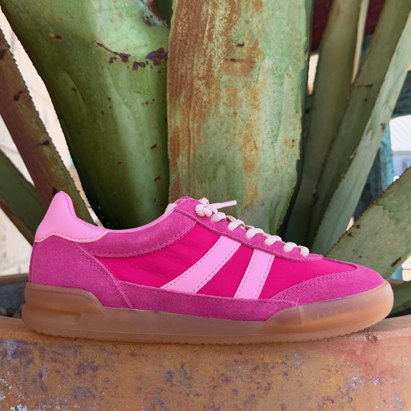 Women's hot pink 2-tone suede and mesh lace-up tennis sneaker with white laces and white side stripe detail — Blair's Western Wear Marble Falls TX