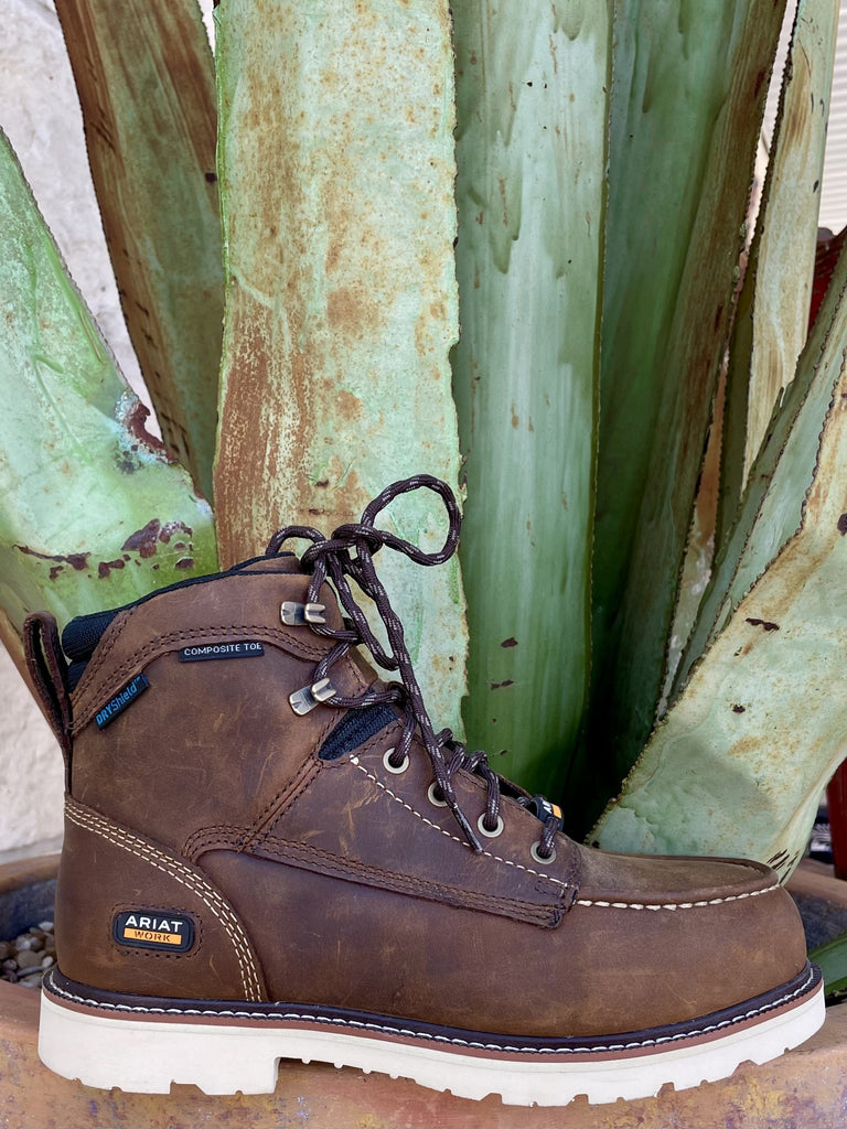 Women's brown waterproof leather composite toe lace-up work boot with moc toe, white rubber lug outsole, contrast stitching, metal eyelets, and Ariat Work logo patch — Blair's Western Wear Marble Falls TX