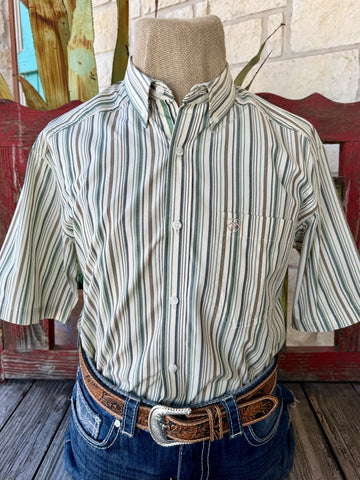 Men's natural olive and brown stripe short sleeve button-up Western shirt — Blair's Western Wear Marble Falls TX