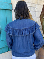 Women's Denim Ruffle Yoke Tie Neck Long Sleeve Blouse