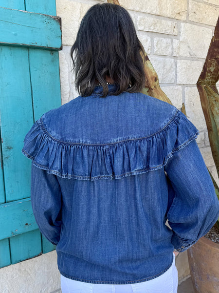 Women's Denim Ruffle Yoke Tie Neck Long Sleeve Blouse