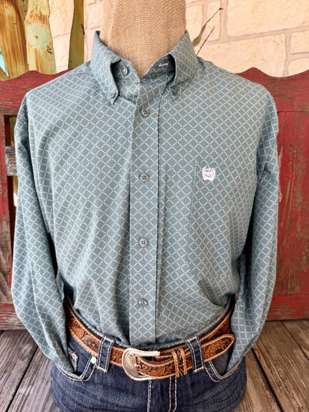 Men's sage and white geometric print long sleeve button-up shirt with point collar and single chest pocket, front view — Blair's Western Wear Marble Falls TX