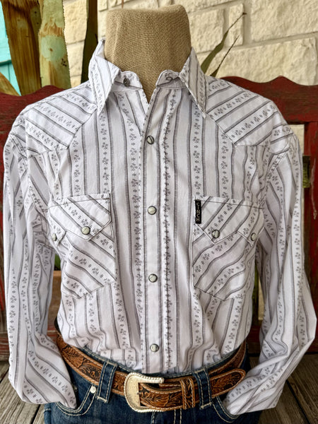 Full front view on mannequin: white long sleeve western shirt with gray vertical stripe and floral/botanical print, snap front closure, dual chest pockets with snap closures, point collar.