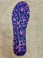 Flat Socks Foot Petal Floral insoles in black and purple, breathable design keeps feet fresh, with moisture-wicking fabric that pulls sweat away from foot - 75169FLS00514. Available at Blair's Western Wear, Marble Falls, TX.