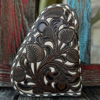  Unisex Hooey Gun Case Tan and Cream Floral Tooled Leather in tan and cream, hand-tooled leather design with fleece-lined interior - N7600412. Available at Blair's Western Wear, Marble Falls, TX.