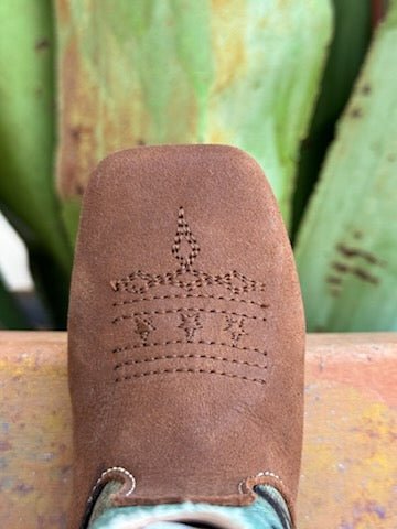 Infant Brown and Blue Boot with a graphic of a cowboy riding a bull - 91679071377 - These little boots have a zipper on the side and rubber bottom. Available at BLAIR'S Western Wear located in Marble Falls TX