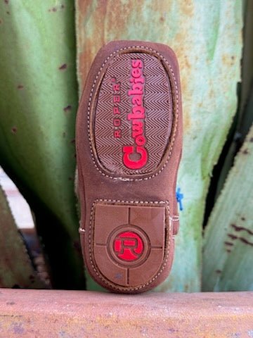 Infant Brown and Blue Boot with a graphic of a cowboy riding a bull - 91679071377 - These little boots have a zipper on the side and rubber bottom. Available at BLAIR'S Western Wear located in Marble Falls TX