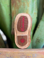 Infant Baby Roper Boot crafted from genuine leather in a classic brown hue with playful lime green accents. They feature a Velcro side closure for easy on and off. The sturdy rubber sole provides the grip and flexibility needed for those first steps.  Infant Roper Boots - 91679128247 - BLAIR'S Western Wear located in Marble Falls TX
