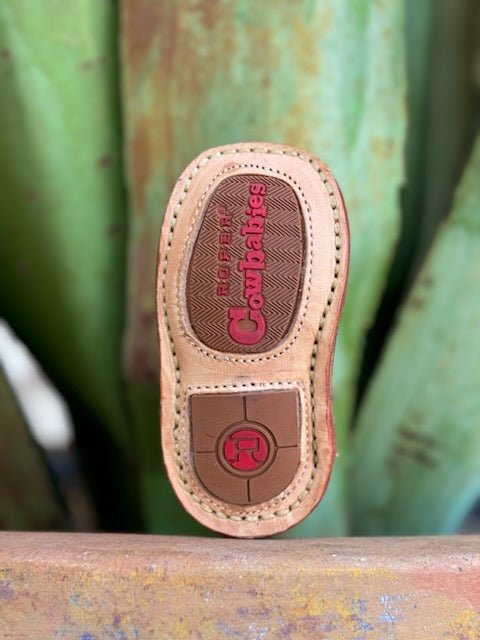 Infant Baby Roper Boot crafted from genuine leather in a classic brown hue with playful lime green accents. They feature a Velcro side closure for easy on and off. The sturdy rubber sole provides the grip and flexibility needed for those first steps.  Infant Roper Boots - 91679128247 - BLAIR'S Western Wear located in Marble Falls TX