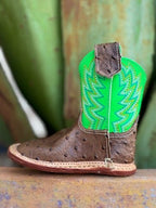 Infant Baby Roper Boot crafted from genuine leather in a classic brown hue with playful lime green accents. They feature a Velcro side closure for easy on and off. The sturdy rubber sole provides the grip and flexibility needed for those first steps.  Infant Roper Boots - 91679128247 - BLAIR'S Western Wear located in Marble Falls TX