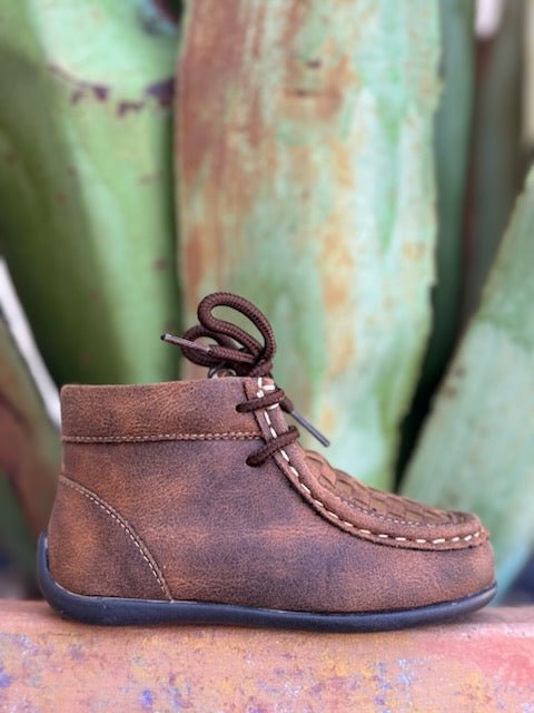 Infant Twister chukka style brown boot with patchwork on tongue, and laces - 4410902 - Available at BLAIR'S Western Wear located in Marble Falls TX 