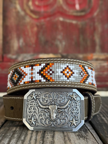 M & F Western Kids Belt in beige, intricately designed antique silver buckle with a steer head, hand-beaded Aztec pattern in orange, white, and black - D120003402. Available at Blair's Western Wear, Marble Falls, TX.