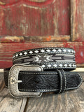 Kids' Ariat Western Belt in black, featuring a silver-tone floral buckle and Aztec-inspired inlay, crafted with premium leather - A1308101. Available at Blair's Western Wear, Marble Falls, TX.