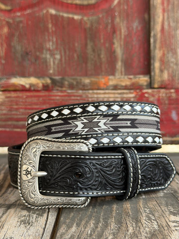 Kids' Ariat Western Belt in black, featuring a silver-tone floral buckle and Aztec-inspired inlay, crafted with premium leather - A1308101. Available at Blair's Western Wear, Marble Falls, TX.