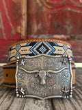 M & F Western Kids' Belt in Brown, genuine leather with KD Aztec inlay embroidery, featuring an antique silver buckle with longhorn design - D120003002. Available at Blair's Western Wear, Marble Falls, TX.