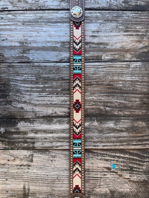 Kid's Tooled Leather Belt with Studs and Woven Aztec Desgin - A1307108 - Blair's Western Wear Marble Falls, TX