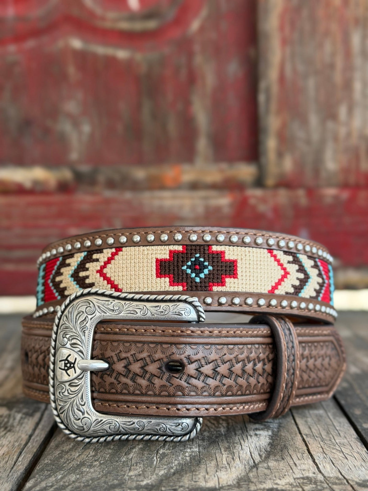 Kid's Tooled Leather Belt with Studs and Woven Aztec Design - A1307108 - Blair's Western Wear Marble Falls, TX 