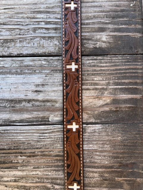 Kids Leather Belt With Tooled Leather and Inlayed Crosses - NKB01C- Blair's Western Wear in Marble Falls, TX