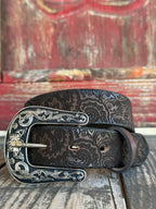 Girls Ariat Accessories Brown Belt in brown, crafted from 100% leather, features a stylish laser-cut paisley design with an antique silver finish floral buckle - A1308602. Available at Blair's Western Wear, Marble Falls, TX.